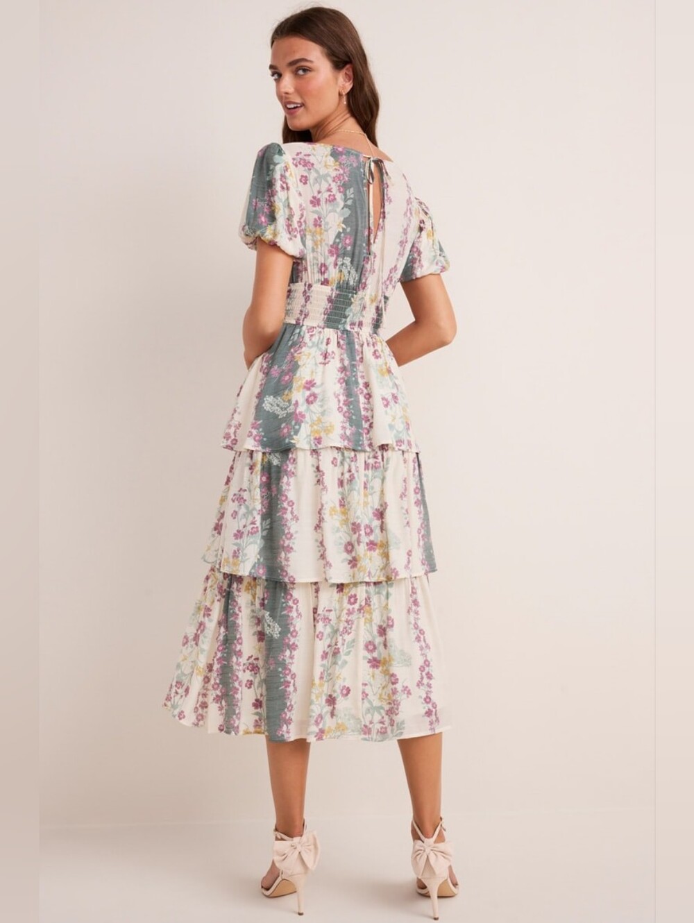 Francesca's Collections Cream & Sage Floral Tiered Midi Dress - Picture 3 of 11